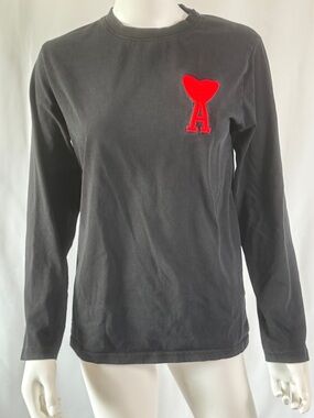 Ami Black Long-Sleeve Shirt with Red Heart 'A' Patch